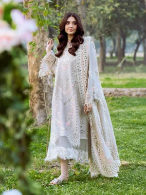 Bin Ilyas Grey Luxury Chicken Kari Suit 2026 – 3PC Embroidered Cotton Dress