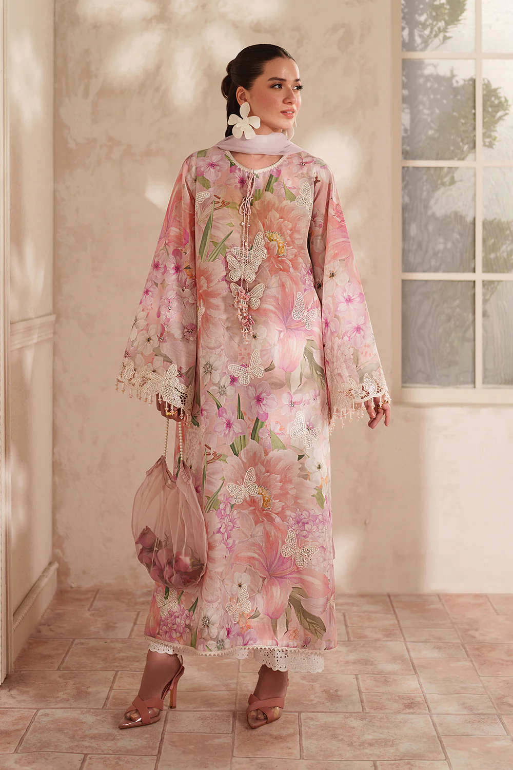 Baroque Butterfly M-7 Pink Printed Lawn Suit with Chiffon Embroidered Dupatta | 3PC Summer Collection | Emarladwear