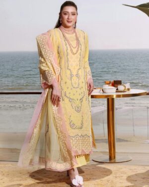 Aneelas Yellow Luxury Lawn Chicken Kari Suit 2026 – Embroidered 3PC Dress