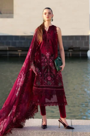 Maria B Mehroon Lawn Chikan Kari Suit 2026 – 3PC Embroidered Dress with Silk Dupatta