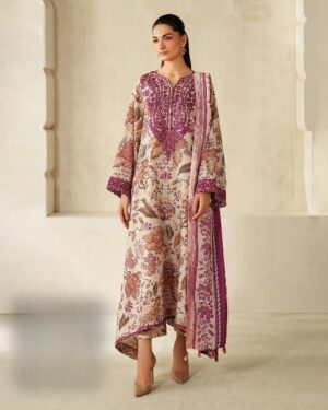 Baroque Multi M7 Purple Lawn Suit with Chiffon Embroidered Dupatta – 3 Piece
