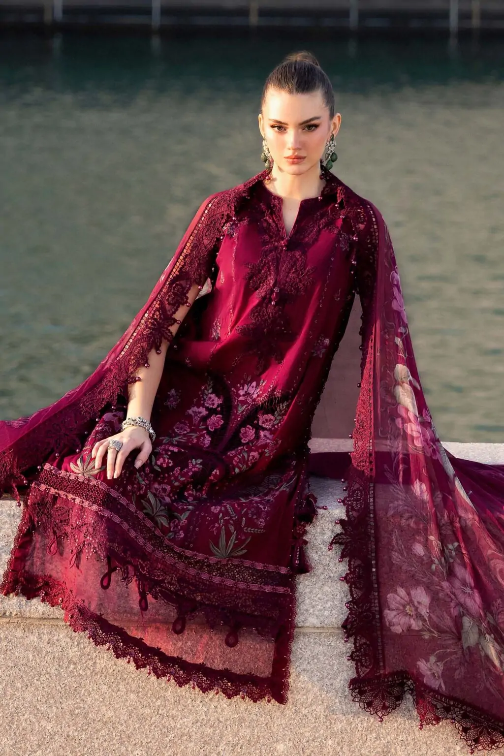 Maria B Mehroon Lawn Chikan Kari Suit 2026 – 3PC Embroidered Dress with Silk Dupatta - Image 2