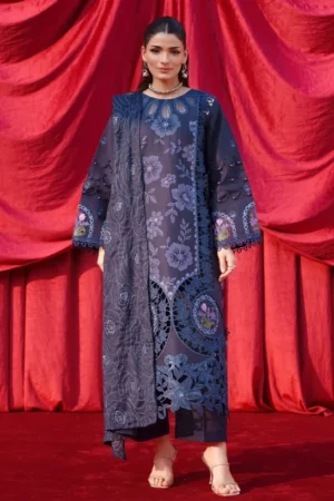Parishay Luxury Lawn Collection Navy Blue Chicken Kari 3PC Suit – Premium Summer Dress