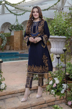 Azure Navy Blue Velvet Embroidery Dress 3pc