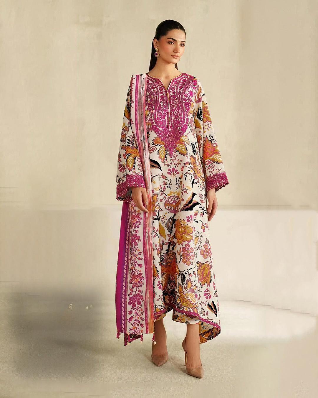 Baroque Multi M7 White Lawn Suit with Chiffon Embroidered Dupatta – 3 Piece
