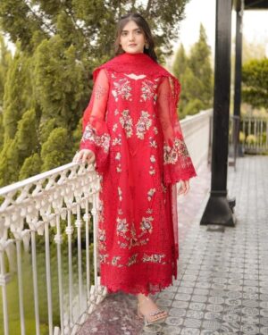 Aneelas Red Luxury Embroidered Lawn 3PC Suit – Premium Designer Collection