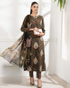 MB M-Print Lawn 3PC 2026 – Heavy Embroidered with Chiffon Dupatta Zigzag Brown