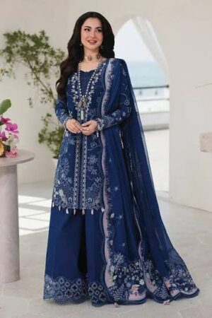 Qalamkar Sahil Navy Blue Luxury Embroidered Lawn Suit 3PC Unstitched – Premium Summer Collection