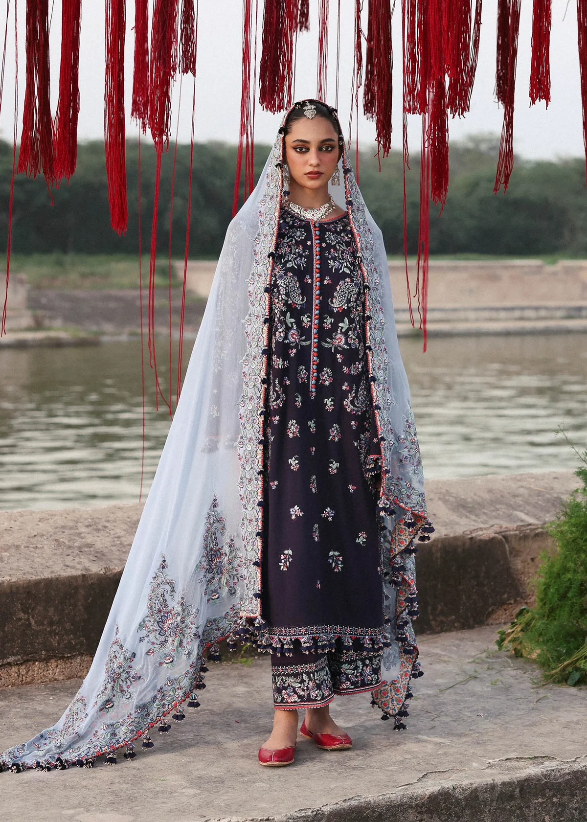 Hussain Rehar Navy Blue Luxury Lawn Replica 3 Pc Suit | Chiffon Heavy Embroidered Dupatta (Ready to Wear) - Image 2