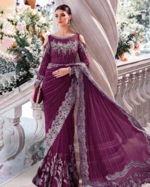 Maria B Dark Purple Net Saree Replica with Silk Trouser & Sequence Work