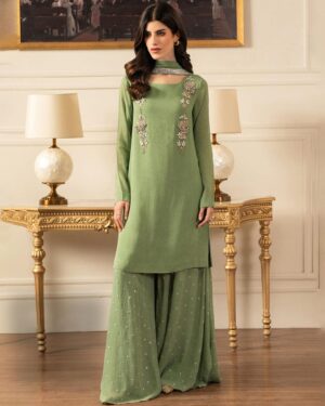 Lulusar Pistachio Chiffon Formal Collection Replica – Premium Embroidered 3 Piece Suit