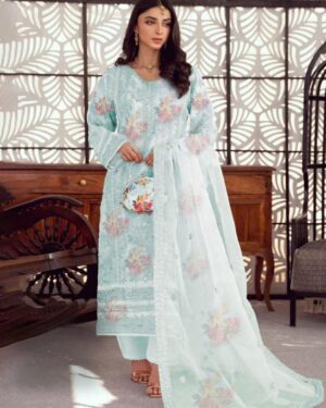 Tawwakal Sky Blue Embroidered Organza Suit with Purse – 3PC Luxury Collection