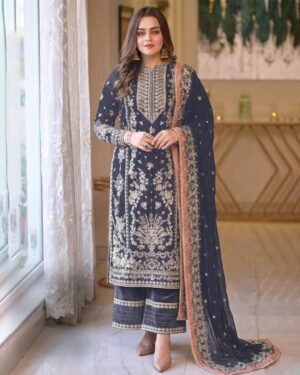 Aneela's Luxury Embroidered Chiffon Wedding Collection Grey King Copy Unstitched Suit Online in Pakistan